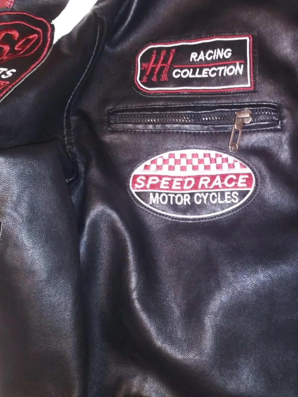 V.I.P. Collection Men’s Black Racing Motorcycle Jacket Red White Stripes Size -L